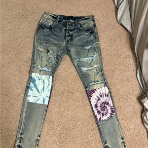 Distressed Jeans with Tie-Dye Patches